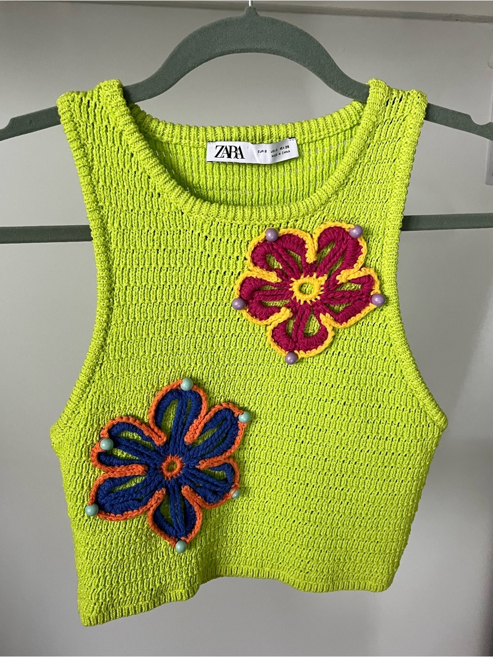 ZARA Crochet Tank with Pink and Blue Floral Appliqués Size Small